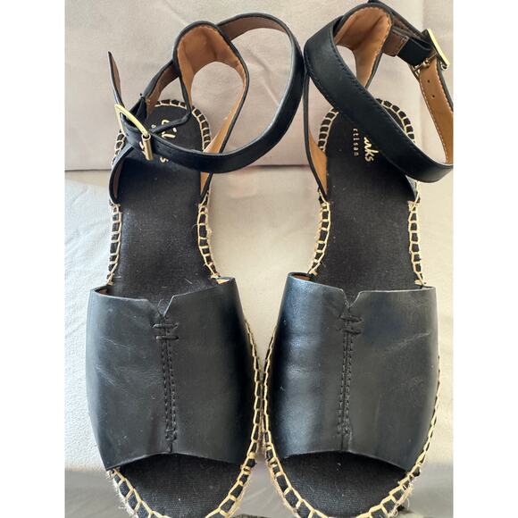 Clarks Artisan Black Leather Espadrille Wedge Sandals Women’s 7M\ - Picture 2 of 7